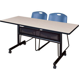 Privacy Nesting Table with 2 Zeng Blue Stack Chairs, 60"L x 24"W, Maple
