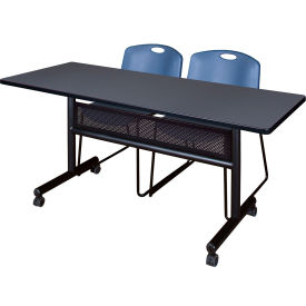 Privacy Nesting Table with 2 Zeng Blue Stack Chairs, 60"L x 24"W, Gray