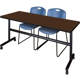 Kobe Training Nesting Table with 2 Zeng Blue Stack Chairs, 72"L x 30"W, Neo Walnut