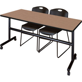 Training Nesting Table with 2 Zeng Black Stack Chairs, 72"L x 30"W, Noble Oak