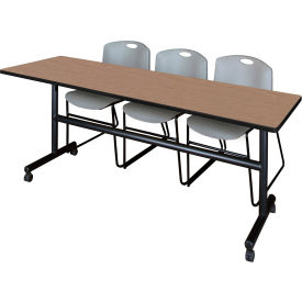Kobe Training Nesting Table with 2 Zeng Gray Stack Chairs, 84"L x 24"W, Noble Oak