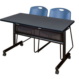 Privacy Nesting Table with 2 Zeng Blue Stack Chairs, 48"L x 24"W, Gray