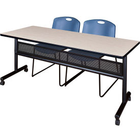 Kobe Privacy Nesting Table with 2 Zeng Blue Stack Chairs, 72"L x 24"W, Maple