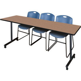 Kobe Training Nesting Table with 2 Zeng Blue Stack Chairs, 84"L x 24"W, Noble Oak