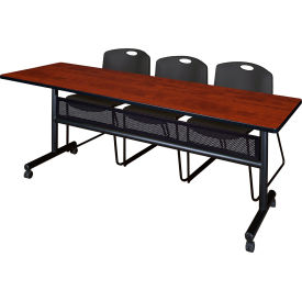 Kobe Privacy Nesting Table with 2 Zeng Black Stack Chairs, 84"L x 24"W, Cherry