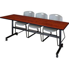 Kobe Training Nesting Table with 2 Zeng Gray Stack Chairs, 84"L x 24"W, Cherry