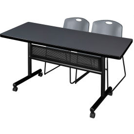 Kobe Privacy Nesting Table with 2 Zeng Gray Stack Chairs, 60"L x 30"W, Gray