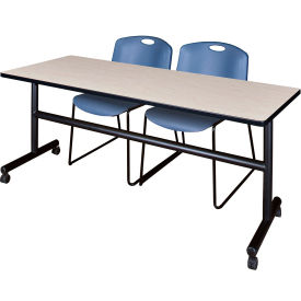 Kobe Training Nesting Table with 2 Zeng Blue Stack Chairs, 72"L x 30"W, Maple