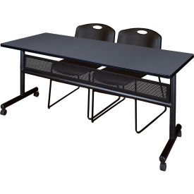 Kobe Privacy Nesting Table with 2 Zeng Black Stack Chairs, 72"L x 24"W, Gray