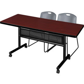 Privacy Nesting Table with 2 Zeng Gray Stack Chairs, 72"L x 30"W, Mahogany