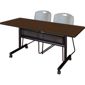 Privacy Nesting Table with 2 Zeng Gray Stack Chairs, 60"L x 30"W, Neo Walnut