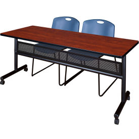 Kobe Privacy Nesting Table with 2 Zeng Blue Stack Chairs, 72"L x 24"W, Cherry