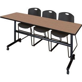 Kobe Training Nesting Table with 2 Zeng Black Stack Chairs, 84"L x 24"W, Noble Oak