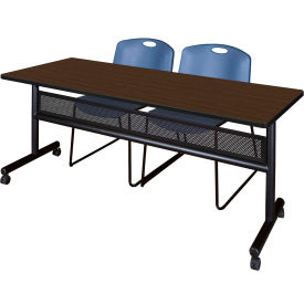 Privacy Nesting Table with 2 Zeng Blue Stack Chairs, 72"L x 24"W, Neo Walnut