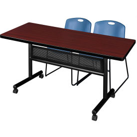 Kobe Privacy Nesting Table with 2 Zeng Blue Stack Chairs, 60"L x 30"W, Mahogany