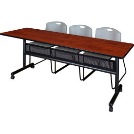 Privacy Nesting Table with 2 Zeng Gray Stack Chairs, 84"L x 24"W, Cherry