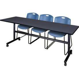 Kobe Training Nesting Table with 2 Zeng Blue Stack Chairs, 84"L x 24"W, Gray