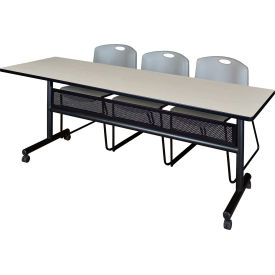 Kobe Privacy Nesting Table with 2 Zeng Gray Stack Chairs, 84"L x 24"W, Maple