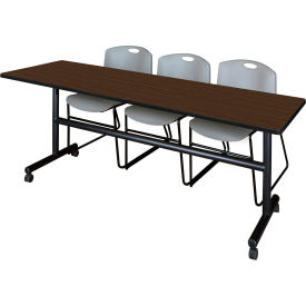Kobe Training Nesting Table with 2 Zeng Gray Stack Chairs, 84"L x 24"W, Neo Walnut