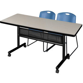 Kobe Privacy Nesting Table with 2 Zeng Blue Stack Chairs, 60"L x 30"W, Maple