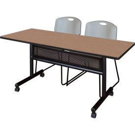 Kobe Privacy Nesting Table with 2 Zeng Gray Stack Chairs, 60"L x 30"W, Noble Oak