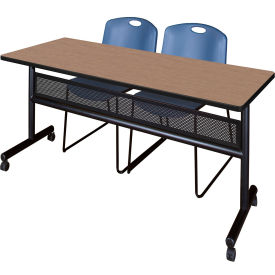 Privacy Nesting Table with 2 Zeng Blue Stack Chairs, 72"L x 24"W, Noble Oak