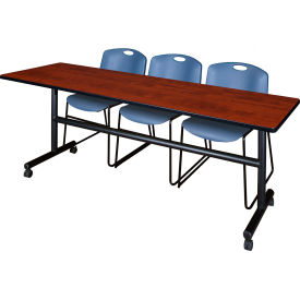 Kobe Training Nesting Table with 2 Zeng Blue Stack Chairs, 84"L x 24"W, Cherry
