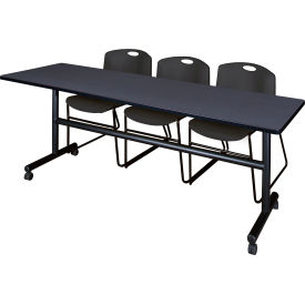 Kobe Training Nesting Table with 2 Zeng Black Stack Chairs, 84"L x 24"W, Gray
