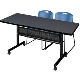 Kobe Privacy Nesting Table with 2 Zeng Blue Stack Chairs, 60"L x 30"W, Gray