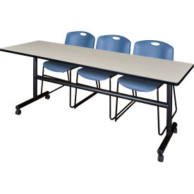 Training Nesting Table with 2 Zeng Blue Stack Chairs, 84"L x 24"W, Maple
