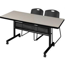 Privacy Nesting Table with 2 Black Stack Chairs, 60"L x 30"W, Maple
