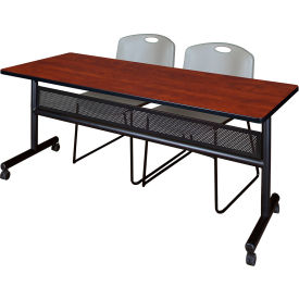 Kobe Privacy Nesting Table with 2 Zeng Gray Stack Chairs, 72"L x 24"W, Cherry