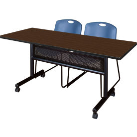 Privacy Nesting Table with 2 Zeng Blue Stack Chairs, 60"L x 30"W, Neo Walnut