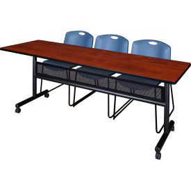 Kobe Privacy Nesting Table with 2 Zeng Blue Stack Chairs, 84"L x 24"W, Cherry