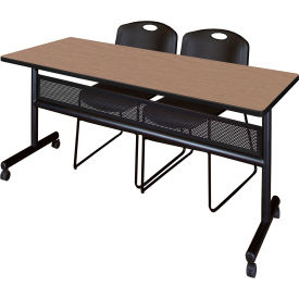 Privacy Nesting Table with 2 Zeng Black Stack Chairs, 72"L x 24"W, Noble Oak
