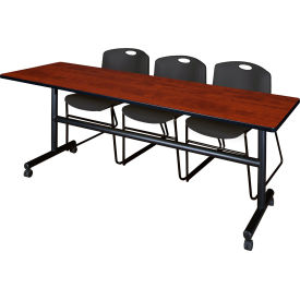 Kobe Training Nesting Table with 2 Zeng Black Stack Chairs, 84"L x 24"W, Cherry
