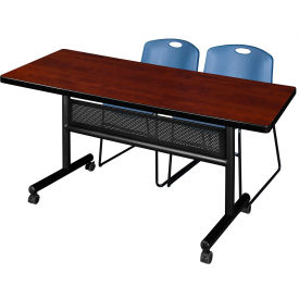 Kobe Privacy Nesting Table with 2 Zeng Blue Stack Chairs, 60"L x 30"W, Cherry