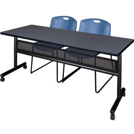 Kobe Privacy Nesting Table with 2 Zeng Blue Stack Chairs, 72"L x 24"W, Gray