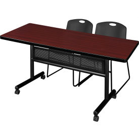 Kobe Privacy Nesting Table with 2 Zeng Black Stack Chairs, 72"L x 30"W, Mahogany