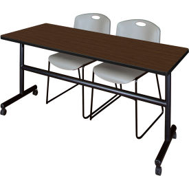 Kobe Training Nesting Table with 2 Zeng Gray Stack Chairs, 72"L x 30"W, Neo Walnut