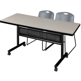 Kobe Privacy Nesting Table with 2 Zeng Gray Stack Chairs, 60"L x 30"W, Maple