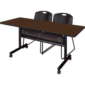 Privacy Nesting Table with 2 Black Stack Chairs, 60"L x 30"W, Neo Walnut