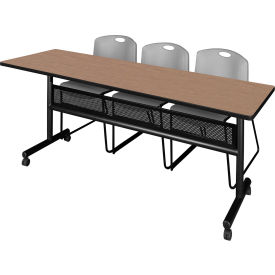 Privacy Nesting Table with 2 Zeng Gray Stack Chairs, 84"L x 24"W, Noble Oak