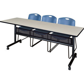 Privacy Nesting Table with 2 Zeng Blue Stack Chairs, 84"L x 24"W, Maple