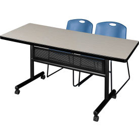 Kobe Privacy Nesting Table with 2 Zeng Blue Stack Chairs, 72"L x 30"W, Maple