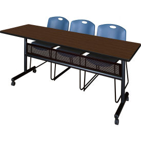 Kobe Privacy Nesting Table with 2 Zeng Blue Stack Chairs, 84"L x 24"W, Neo Walnut