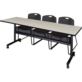 Privacy Nesting Table with 2 Zeng Black Stack Chairs, 84"L x 24"W, Maple
