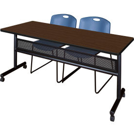 Kobe Privacy Nesting Table with 2 Zeng Blue Stack Chairs, 72"L x 30"W, Neo Walnut