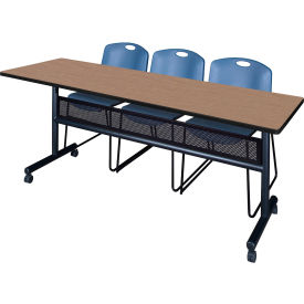 Kobe Privacy Nesting Table with 2 Zeng Blue Stack Chairs, 84"L x 24"W, Noble Oak