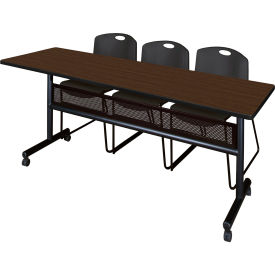 Kobe Privacy Nesting Table with 2 Zeng Black Stack Chairs, 84"L x 24"W, Neo Walnut